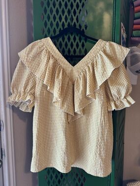 SHEIN Yellow Gingham Ruffle V-Neck Women's Top